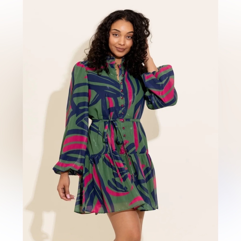 ALDEN ADAIR Adele Colorful Flowy Mini Dress with Long Balloon Sleeve Large